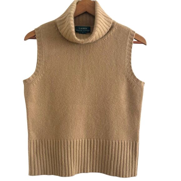 Ralph Lauren Cashmere Sleeveless Turtleneck Sweater S Tan Quiet Luxury Preppy - Picture 1 of 8